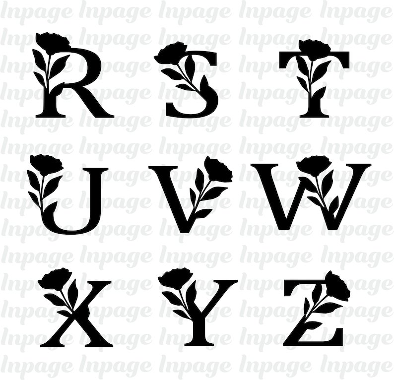 Pu&ograve; includere: Lettere dell'alfabeto floreale nero R, S, T, U, V, W, X, Y e Z. Ogni lettera &egrave; adornata da un motivo floreale. Le lettere sono in un carattere grassetto senza grazie e gli elementi floreali aggiungono un tocco decorativo.