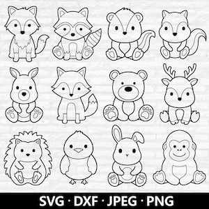 Waldtier Umriss SVG, niedliche Tiere SVG-Bundle, Wolf Waschbär Känguru Igel Fuchs Bär Reh Hase Vogel Schneidedateien digitaler Download