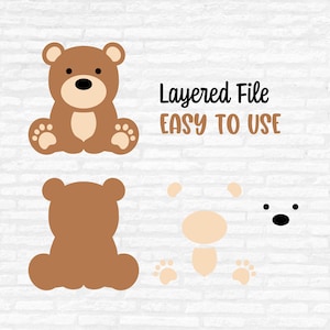 May include: A brown teddy bear illustration with a light brown belly and paws, and a black nose and eyes. The image also includes the text "Layered File EASY TO USE".