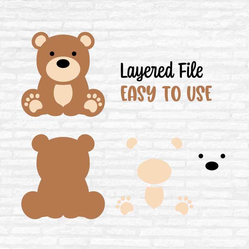 May include: A brown teddy bear illustration with a light brown belly and paws, and a black nose and eyes. The image also includes the text "Layered File EASY TO USE".