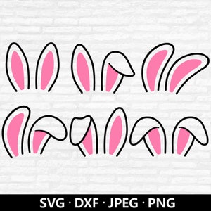 May include: A collection of eight cartoon bunny ears in various poses. Each ear is outlined in black with a pink interior. The ears are arranged against a white brick wall background. The bottom of the image includes the text "SVG • DXF • JPEG • PNG."