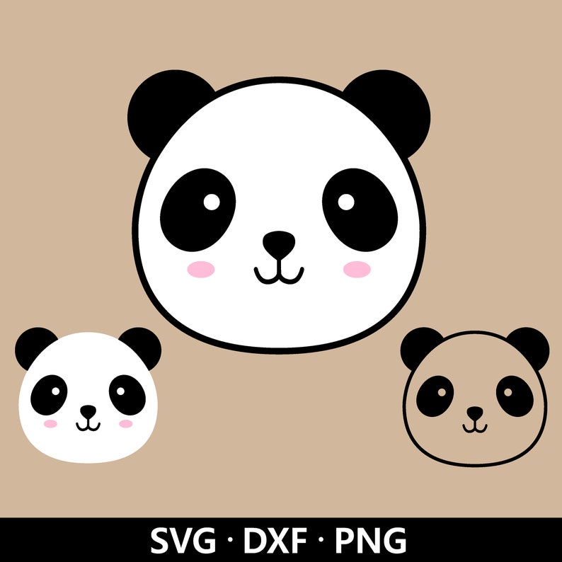 May include: A digital illustration of three panda faces. The largest panda face is white with black ears and eye patches, pink cheeks, and a small black nose. Two smaller panda faces are also shown. The image includes the text "SVG &bull; DXF &bull; PNG".