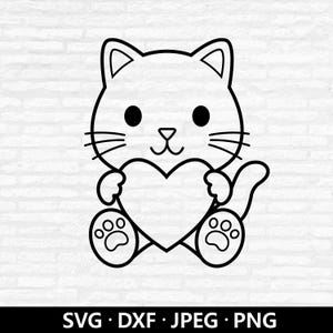 Gato con corazón SVG, Clipart de animales del día de San Valentín, Archivo de contorno de gato lindo, Regalo de San Valentín para niños, Archivos de corte de gato de San Valentín Descarga digital