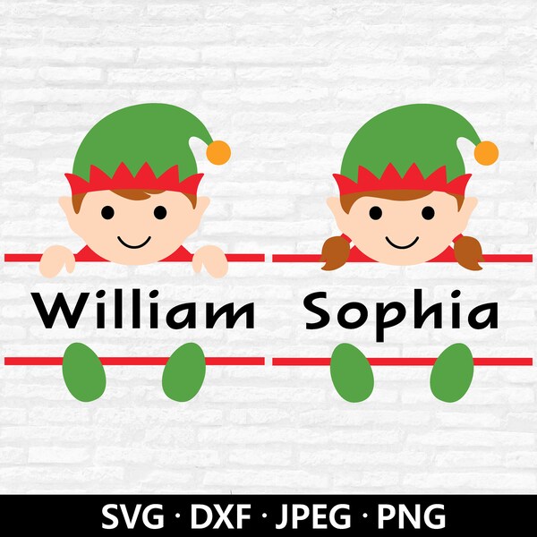 Christmas Elf Monogram SVG, Split Monogram cut files, Elf Boy girl SVG, Christmas Clipart, Name Frame SVG, Cute Elves Cut files Cricut