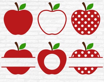 May include: A collection of red apple designs with green leaves and brown stems. Some apples are solid, outlined, or have white polka dots. Several designs include a horizontal space for text. The bottom of the image displays file type options.
