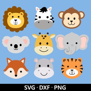 Safari Tier Gesicht SVG, Tier Gesicht Clipart, Dschungel Tier Kopf Vektor, Löwe Zebra Affe Koala Giraffe Elefant Schnittdateien digitaler Download