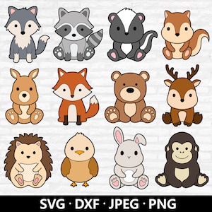 Animaux de la forêt SVG, lot de SVG animaux mignons, fichier coupe animaux de la forêt, téléchargement numérique loup raton laveur mouffette kangourou renard ours cerf lapin oiseau