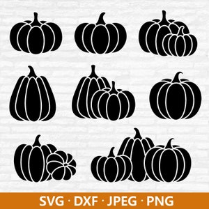 May include: Nine black silhouette images of pumpkins in various sizes and arrangements. Some pumpkins are single, while others are grouped together in pairs or threes.