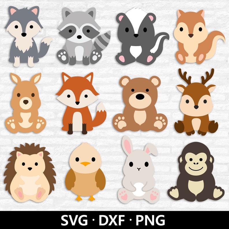 May include: A collection of twelve cartoon animal cutouts, including a wolf, raccoon, skunk, squirrel, kangaroo, fox, bear, deer, hedgehog, chick, rabbit, and monkey. The animals are in various colors and poses, with the text "SVG &bull; DXF &bull; PNG" at the bottom.