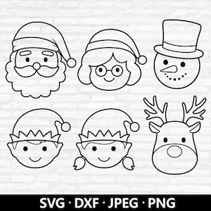 Christmas Face Outline SVG, Cute Santa Face Vector, Mrs Claus, Elf Boy Girl Clipart, Xmas Reindeer Holiday Snowman Cut file Digital Download