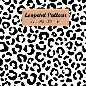 May include: A seamless leopard print pattern in black and white. The design features irregular black spots on a white background. A rectangular label with the text "Leopard Pattern" and file type options: SVG, DXF, JPEG, and PNG.