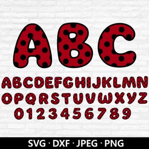 Ladybug Font SVG, Vettore lettere a pois rossi, Numeri coccinella PNG, Stampa lettere a pois coccinella, File di taglio alfabeto coccinella Download digitale