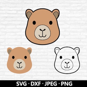 May include: Three cartoon bear face designs. The largest bear face is brown with a black outline. The other two bear faces are smaller, one in brown and the other in black outline. The bottom of the image has the text "SVG • DXF • JPEG • PNG".
