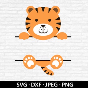 Tiger Monogramm SVG, Tier Name Rahmen PNG, niedlicher Tiger Clipart, Kinder Shirt SVG, Split Monogramm Dxf, Tiger Schnittdateien Digitaler Download