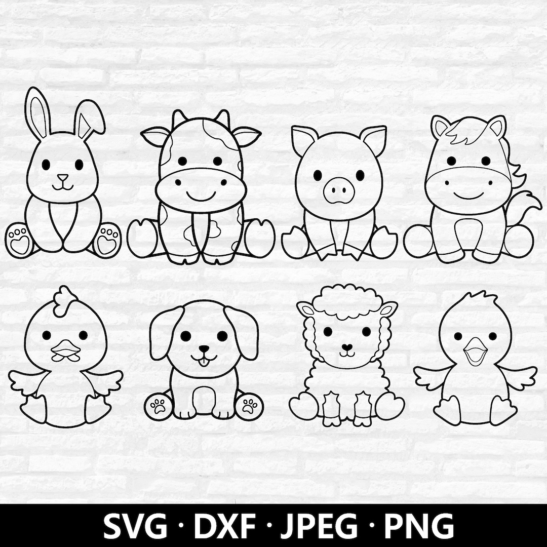 Farm Animals Outline SVG, Cute Animals Bundle Svg, Farm Svg, Baby Cow
