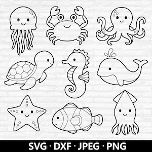 Sea Animals Outline SVG, Ocean Creatures, Baby Shower, Octopus, Seahorse, Dolphin, Turtle, Marine Beach Animal Cut files Digital Download