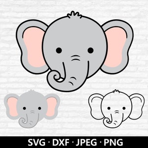 Cara de elefante SVG, imágenes prediseñadas de elefante bebé, contorno de elefante Dxf, camisa de baby shower de animales de guardería, archivos de corte de animales Safari Descarga digital