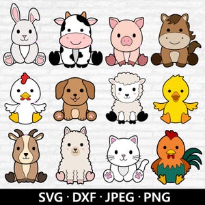 Farm Animals SVG Bundle, Nursery Animal PNG, Cute Animals Clipart, Cow Horse Rabbit Sheep Pig Chicken Duck Puppy Cut files Digital Download