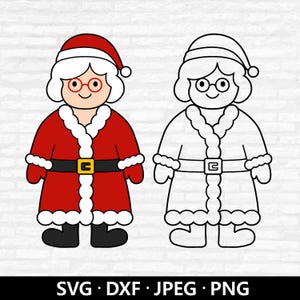 SVG de la Sra. Claus, vector de contorno de Papá Noel navideño, clipart de la Sra. Santa Claus, archivos de corte de adornos navideños de Papá Noel divertidos y lindos Descarga digital
