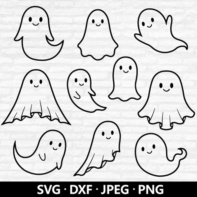 May include: Nine cartoon ghost illustrations in black outline on a white brick background. Each ghost has a unique shape and a smiling face. The bottom of the image includes the text "SVG &bull; DXF &bull; JPEG &bull; PNG".
