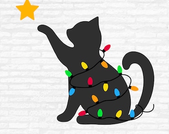 Christmas Cat SVG, Funny Cute Cat SVG, Christmas lights svg, Star SVG, Kitty Silhouette Holiday Clipart Cut files Cricut, Christmas shirt