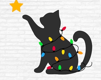 Christmas Cat SVG: Funny Holiday Lights clipart, gelaagd gesneden bestand (digitale download)