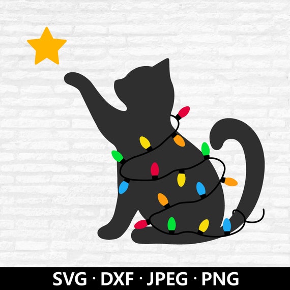 Christmas Cat SVG: Funny Holiday Lights Clipart, Layered Cut File (Digital Download)