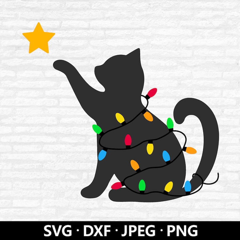May include: A black cat silhouette reaching for a yellow star. The cat is wrapped in a string of colourful Christmas lights. The image includes the file types: SVG, DXF, JPEG, and PNG.