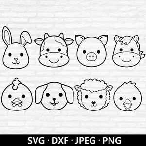 Bauernhof Tiergesichter SVG, Tiergesicht Umriss SVG, Bauernhof Tierkopf Schnittdatei, Niedliche Tiere Bundle, Kuh Schwein Pferd Schnittdateien Digitaler Download