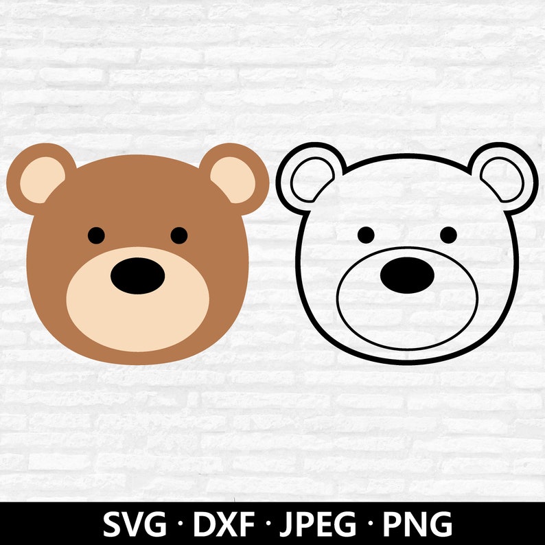 May include: Two bear head designs. One is a brown bear face with a tan muzzle and black eyes. The other is a black outline of a bear face. The bottom of the image has the text: SVG &bull; DXF &bull; JPEG &bull; PNG.