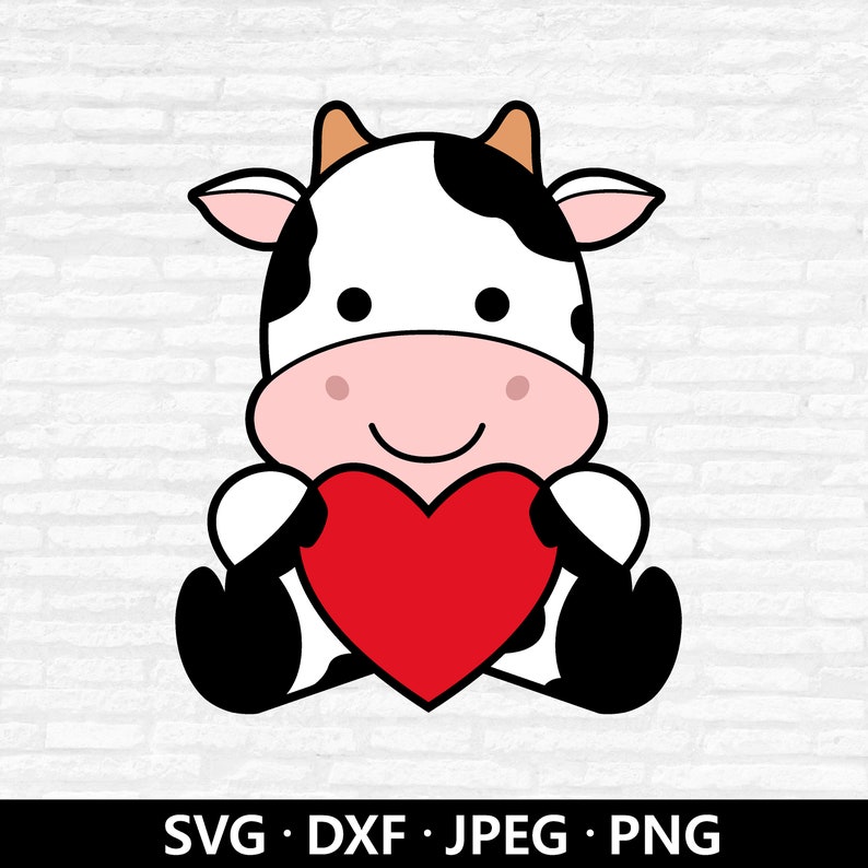 K&ouml;nnte beinhalten: Illustration einer Cartoon-Kuh, die ein rotes Herz h&auml;lt. Die Kuh ist schwarz und wei&szlig; mit einer rosa Nase und einem l&auml;chelnden Gesicht. Das Bild enth&auml;lt den Text "SVG &bull; DXF &bull; JPEG &bull; PNG".