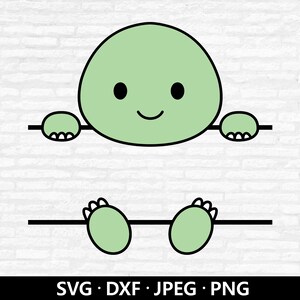 May include: A cartoon graphic of a light green creature with a smiling face, black eyes, and small hands and feet. The creature is holding onto two black lines. The image includes the text "SVG • DXF • JPEG • PNG".