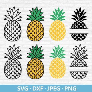 May include: Set of eight pineapple SVG cut files.  The pineapples are in black and white, yellow and green, and yellow and black.  Some of the pineapples have a space for a monogram.
