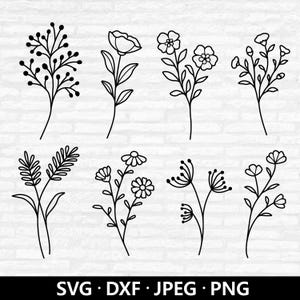 WildFlower Svg, Pacote de Flores Svg, Clipart Floral, Vetor Botânico, Flores Silvestres PNG, Arquivos de Corte de Contorno de Buquê de Flores Download Digital