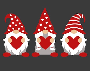 May include: Three Valentine's Day gnomes with red hats and hearts. The gnomes have white beards and are holding red hearts. The hats have different patterns: polka dots, hearts, and red and white stripes. The image includes the text "SVG • DXF • PNG".