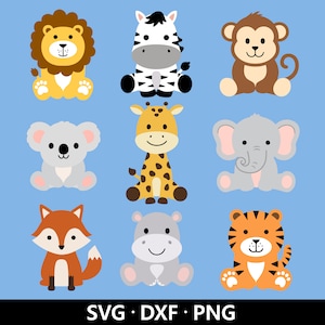 Animaux de safari SVG, lot PNG animaux, animaux de la jungle DXF, clipart animaux mignons, chemise bébé enfants, animaux du zoo couper des fichiers en téléchargement numérique