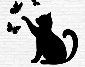Cat with butterfly SVG, Cat SVG Files, Kitten Playing SVG, Cat and Butterflies Clipart, Cat Butterflies Design Cut Files Digital Download