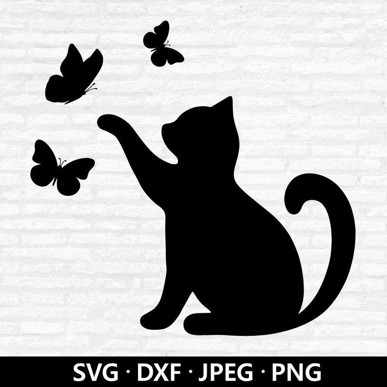 May include: Black silhouette of a cat reaching for three butterflies. The cat is sitting with its tail curled up. The butterflies are in flight. The image includes the text "SVG &bull; DXF &bull; JPEG &bull; PNG".