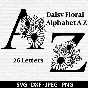 Daisy Alphabet Letter SVG Bundle, Floral Capital Alphabet archivos svg, Daisy Flower Bouquet PNG, Floral Alphabet Cut Files Descarga digital