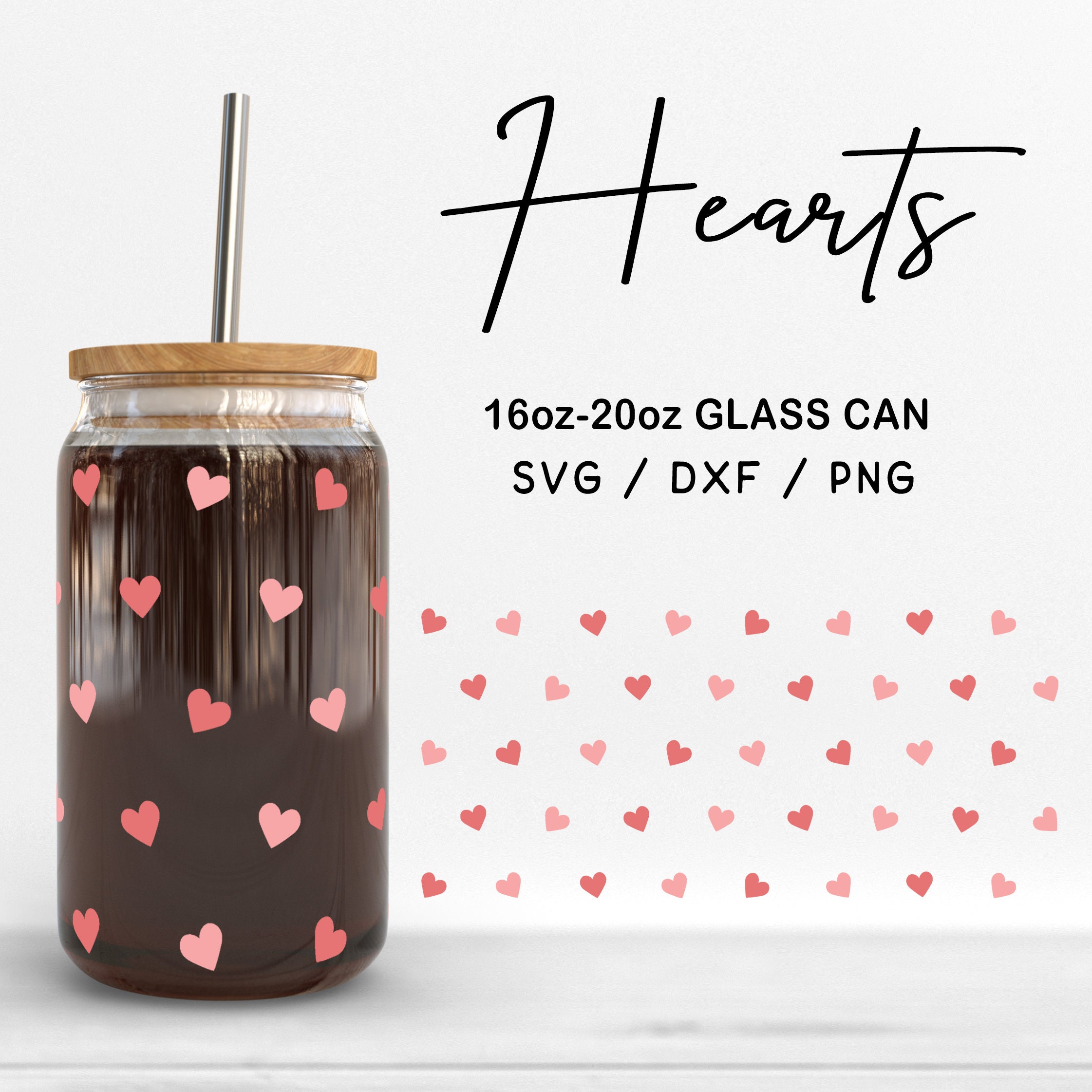 Valentine Libbey Glass Can With Floating Hearts, Valentine Glass Cup With  Bamboo Lid and Bent Glass Straw, Cute Cup for Valentine's Day 