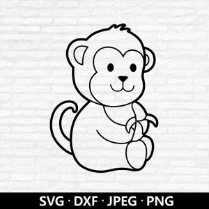 Singe avec banane SVG, vecteur de singe, singe Dxf, Clipart Animal mignon, singe banane contour PNG, fichiers coupe singe téléchargement numérique