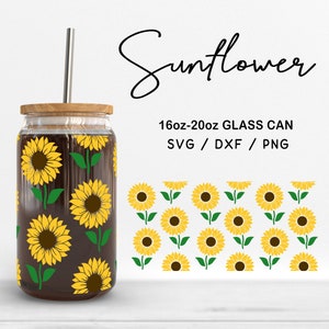 Arquivos SVG de girassol de 16 oz | 20 oz, envoltório de vidro de girassol, clipart com estampa floral, arquivos de corte de vidro com padrão de girassol para download digital