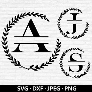 May include: Black monogram designs featuring the letters A, J, and S, each within a laurel wreath. The letters are split by a horizontal line. The image includes the file types: SVG, DXF, JPEG, and PNG.