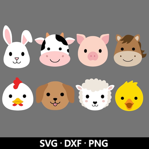 Farm Animal Faces SVG, Animal Cricut cut files, Farm Bundle svg, Cow Face svg, Nursery Clip Art, Pig Horse Chicken Duck Svg files for Cricut