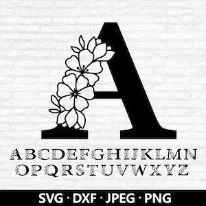 Alfabeto floral SVG, monograma de flores silvestres PNG, archivo DXF de letras mayúsculas elegantes, clipart de ramo de flores, archivos de corte del alfabeto, descarga digital