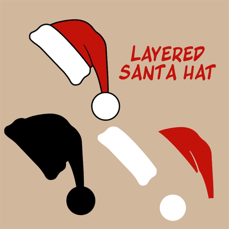 May include: A graphic illustration of a layered Santa hat design. The image features a red and white Santa hat, a black Santa hat, and individual components of the hat, including a white brim and a red hat section. The text "LAYERED SANTA HAT" is in red.