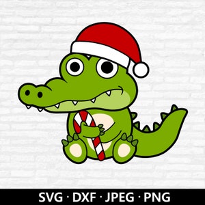 Alligator kerstmuts SVG, kerst alligator vector, krokodil kerstmuts PNG, kerst alligator met snoep gesneden bestanden digitale download