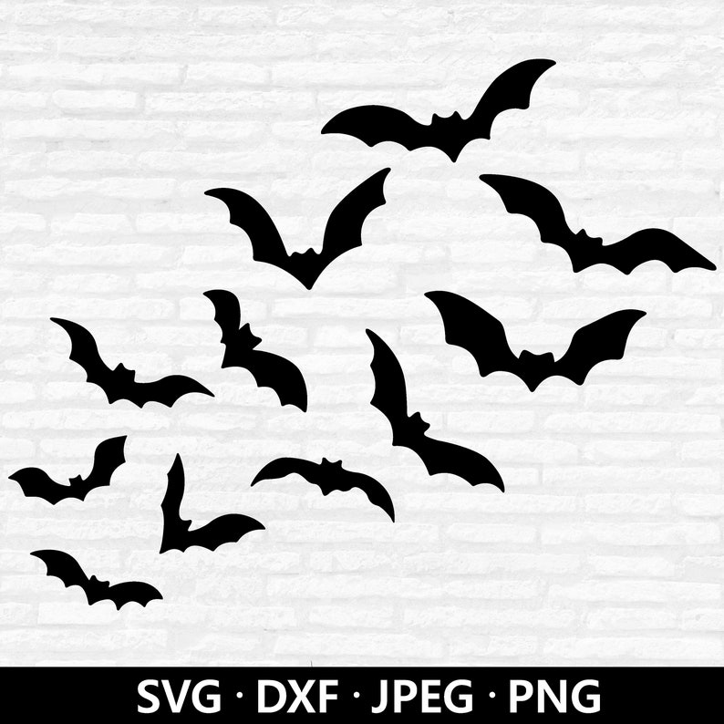 May include: Black bat silhouettes in various sizes and poses are arranged against a white brick background. The bats are flying, with their wings spread. The bottom of the image includes the text "SVG &bull; DXF &bull; JPEG &bull; PNG".
