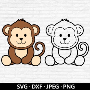 Joli bébé singe SVG, fichiers en couches de singe, Clipart singe, animaux de la jungle Dxf, contour bébé singe PNG, singe coupe fichiers téléchargement numérique