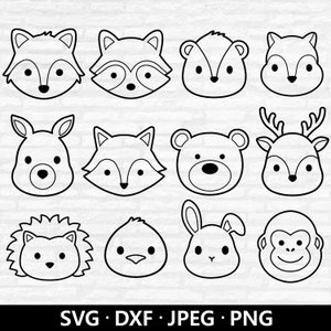 Waldtiergesicht Umriss SVG, niedliches Tier SVG-Bundle, Wolf Waschbär Stinktier Känguru Fuchs Bär Reh Hase Vogel Schnittdateien digitaler Download